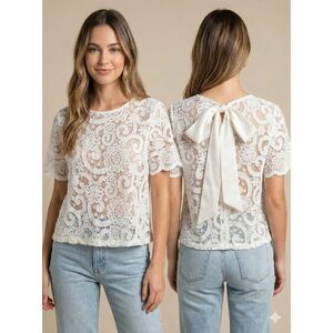 Nanette Lepore White Floral Lace Bow Back Blouse M Coquette Romantic Delicate